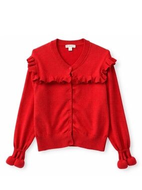 Crewcuts Red Ruffle Trim Cardigan Sweater Sparkle Pom Pom Sleeve Girls Size 14